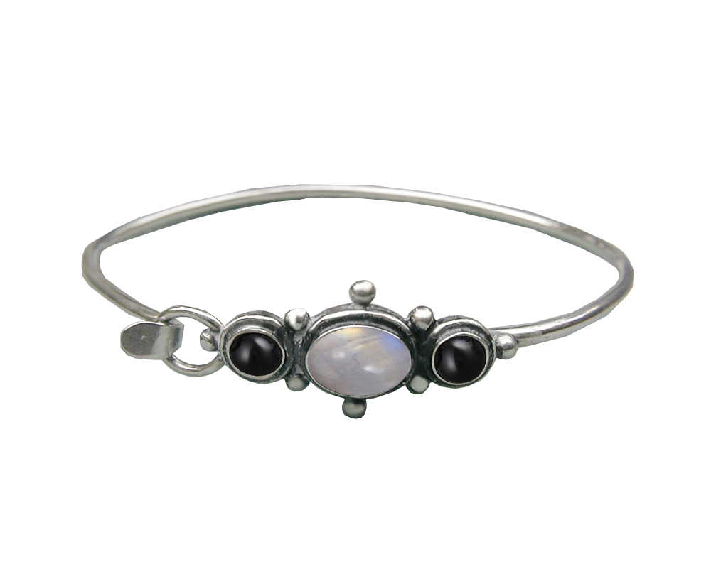 Sterling Silver Strap Latch Spring Hook Bangle Bracelet Rainbow Moonstone And Black Onyx